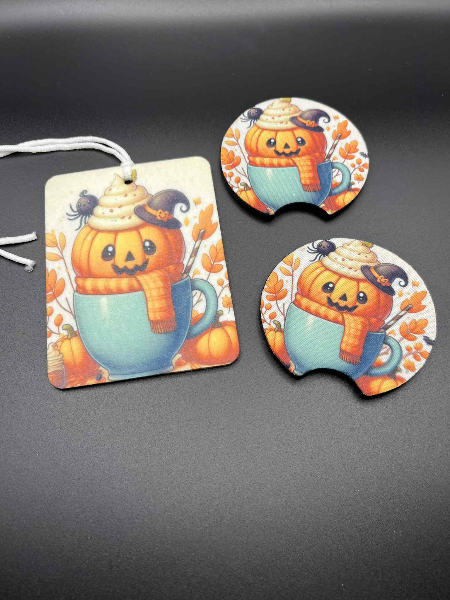 Pumpkin in Mug Car Coaster and Air Freshener Set