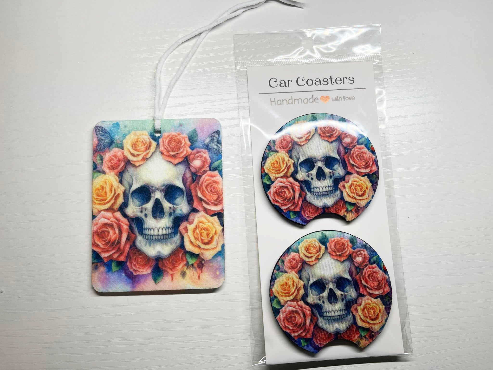 Skull with Roses Car Coaster and Air Freshener